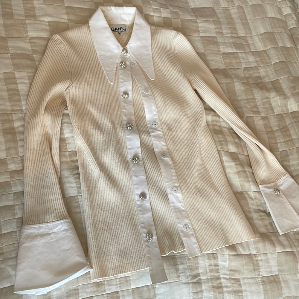 GANNI Dagger Collar Fitted Button Up Polo Sweater